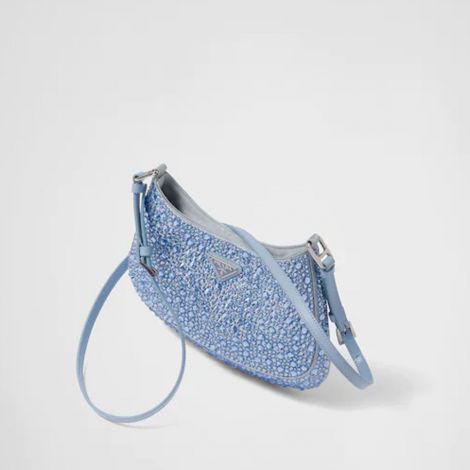 Prada Çanta Cleo Crystals Mavi - Prada Canta Bag 22 Cleo Satin Bag With Crystals Beyaz Mavi