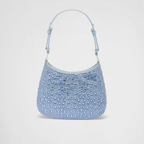 Prada Çanta Cleo Crystals Mavi - Prada Canta Bag 22 Cleo Satin Bag With Crystals Beyaz Mavi