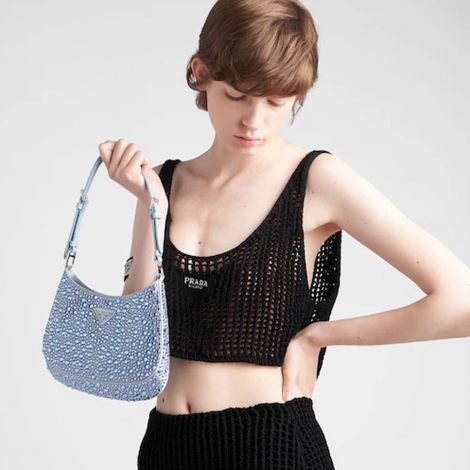 Prada Çanta Cleo Crystals Mavi - Prada Canta Bag 22 Cleo Satin Bag With Crystals Beyaz Mavi