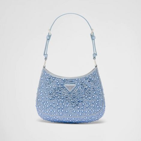 Prada Çanta Cleo Crystals Mavi - Prada Canta Bag 22 Cleo Satin Bag With Crystals Beyaz Mavi